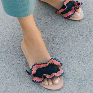 Loeffler Randall Birdie Suede Flat Ruffled Sandal Slide in Eclipse Navy